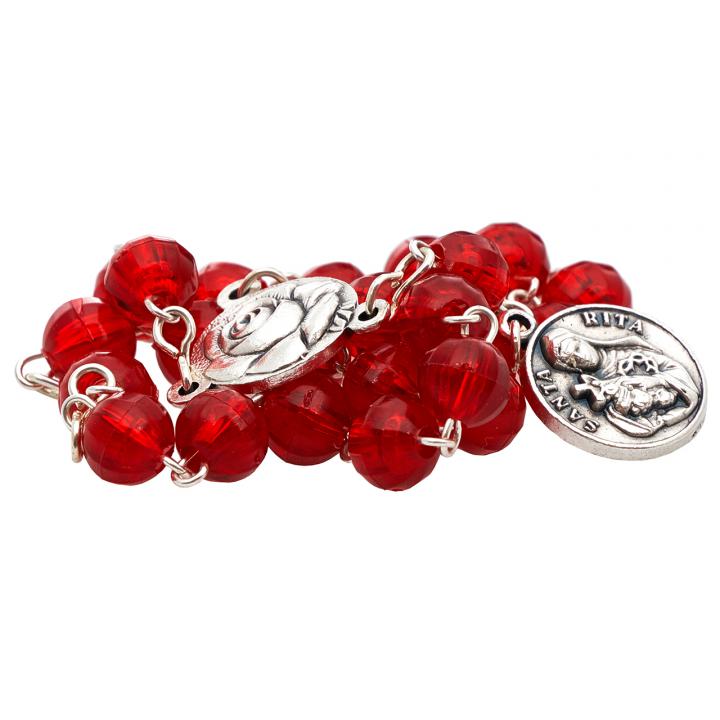 Szent Rita rózsafüzér, piros színű műanyag gyöngyökből