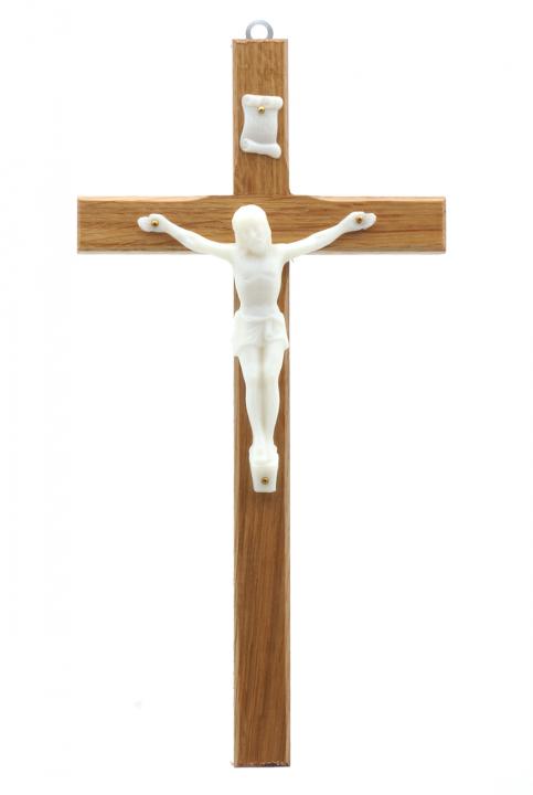 Fali fa feszület natúr színben, foszforeszkáló korpusszal, 24 cm-es