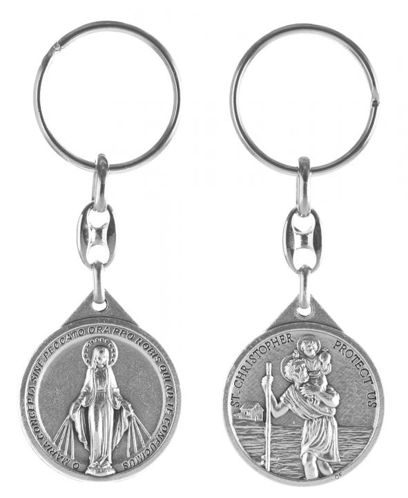 Kulcstartó - Szent Kristóf-Csodás Mária - kerek, ezüst-oxid