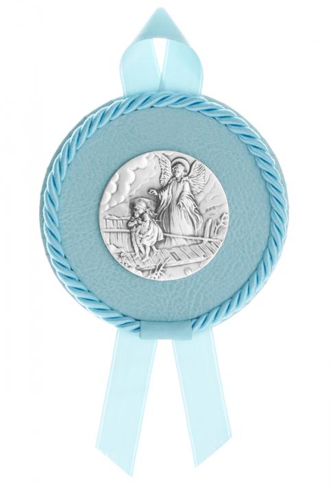Kék emlékplakett, ezüst éremmel, kerek, 9 cm-es