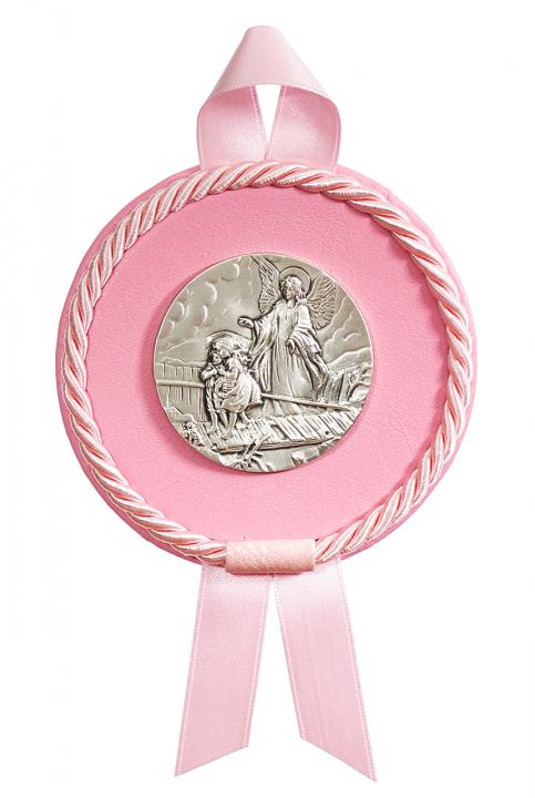Rózsaszín emlékplakett, ezüst éremmel, kerek, 9 cm-es