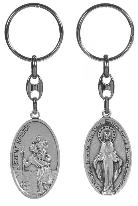 Kulcstartó, Csodás Mária-Szent Kristóf, ovál, ezüst-oxid, magyar felirattal