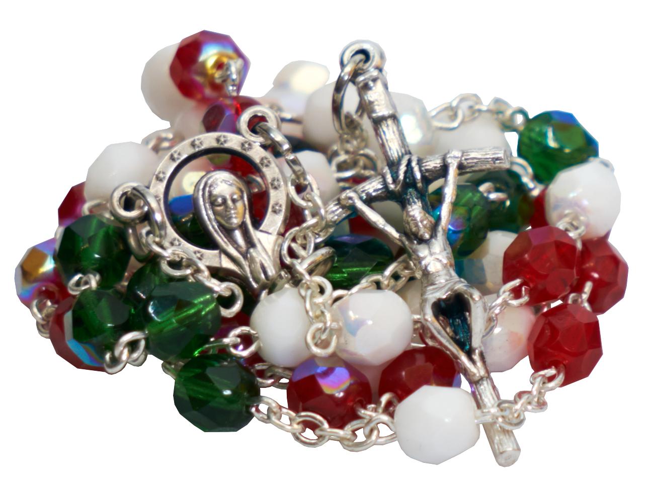 Piros-fehér-zöld, üveg, 5-tizedes rózsafüzér