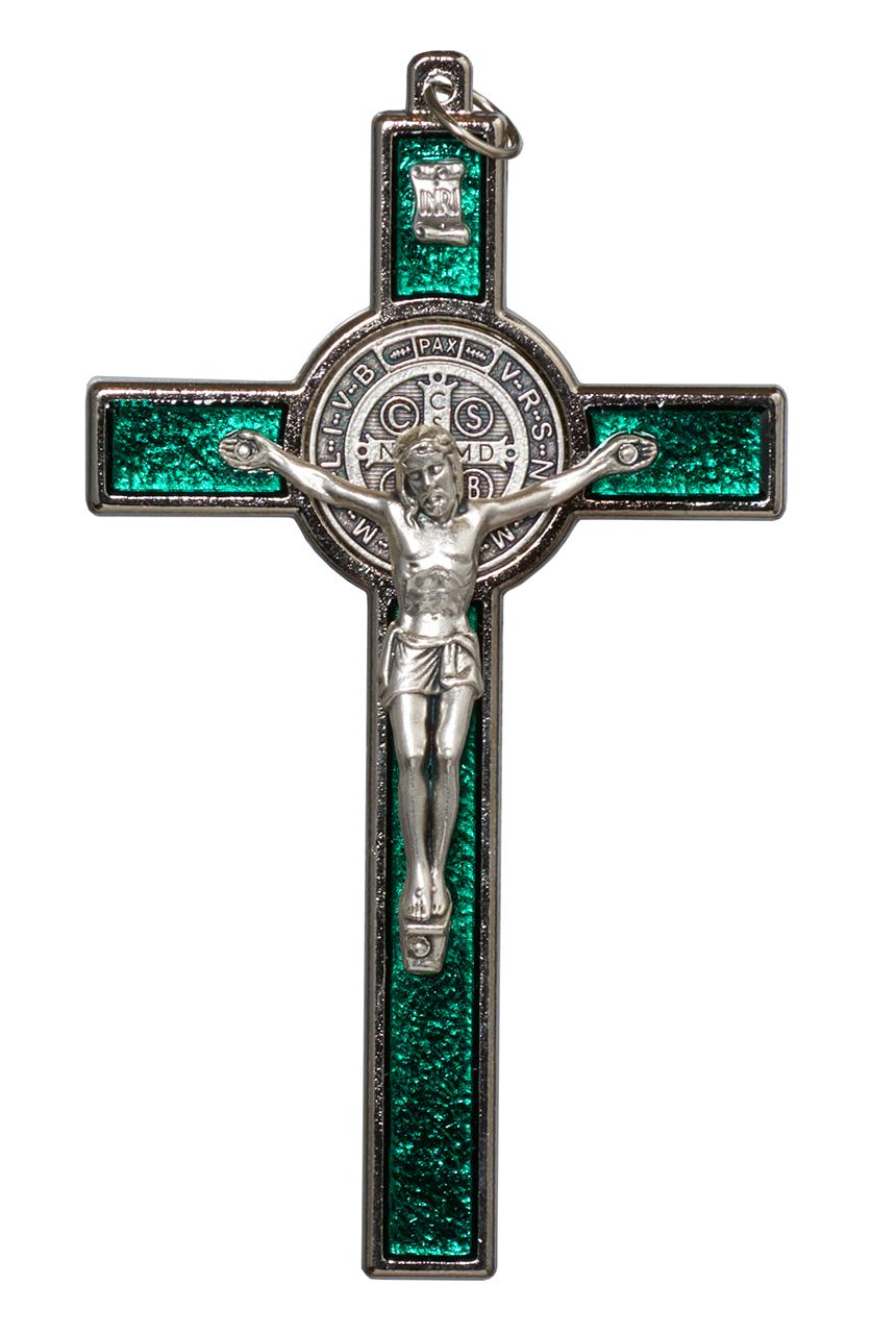 Szent Benedek fémkereszt, zöld-ezüst színű, 12 cm-es