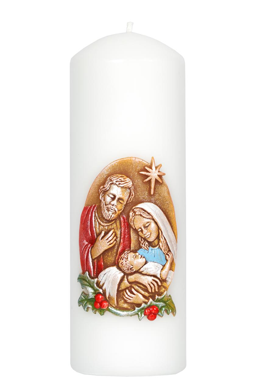 Fehér gyertya, karácsonyi 3D-s (viasz) díszítéssel, 6x21cm-es