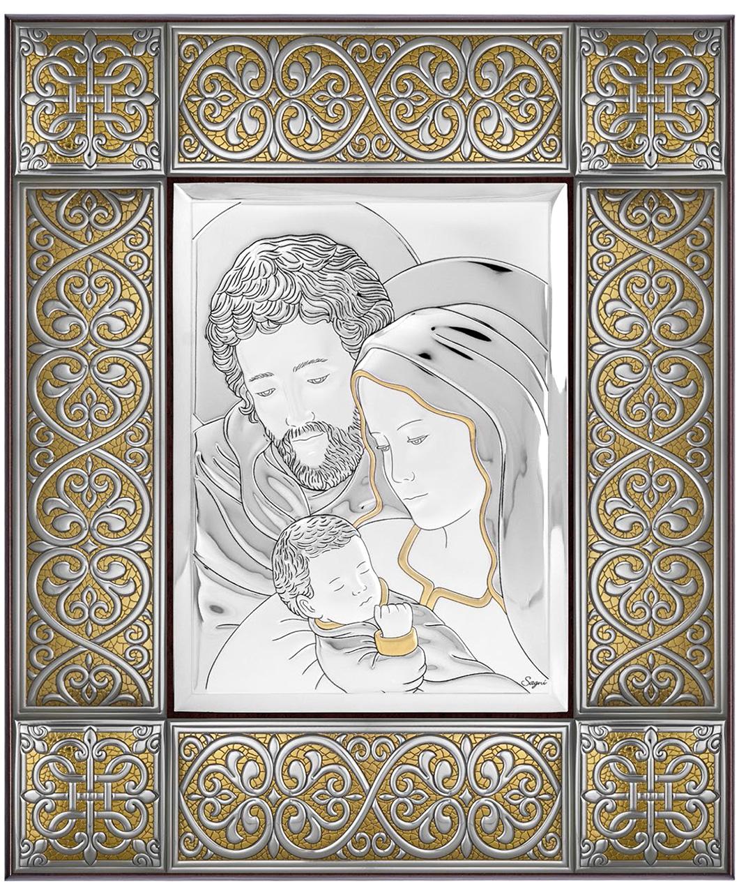 Ezüst bevonatos Szent Család kép, 34,5 cm x 41 cm