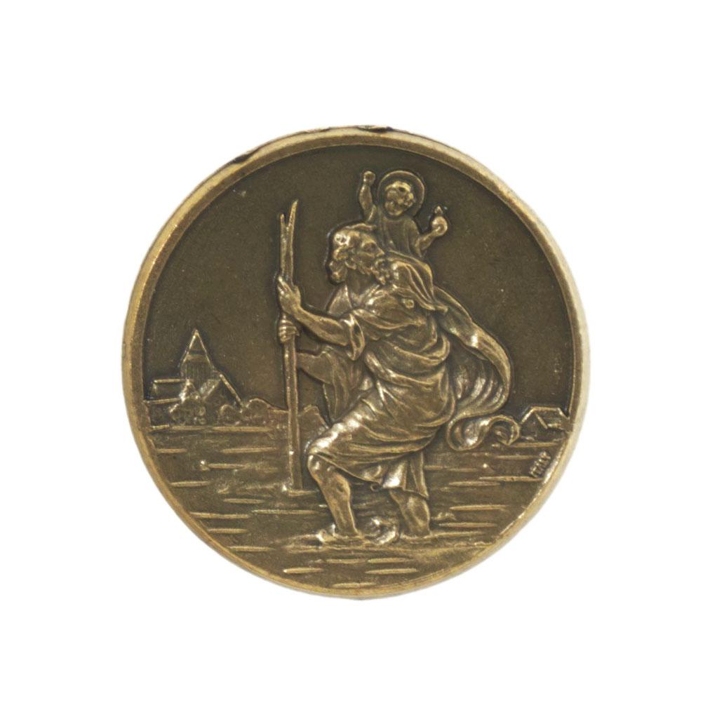 Öntapadós, mágneses Szent Kristóf érem, kerek 3,5 cm-es, bronz