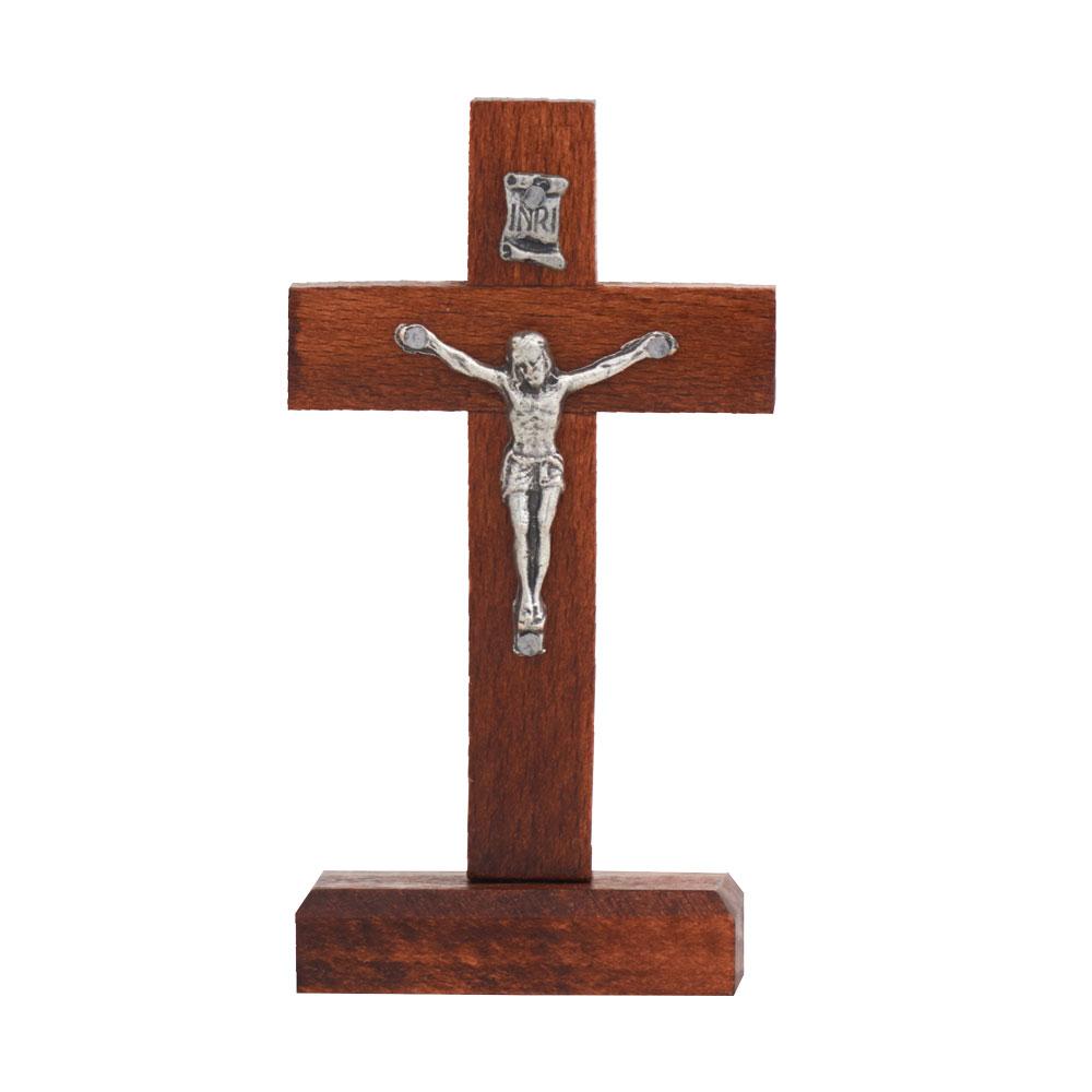 Álló fa feszület barna színben, 10 cm-es