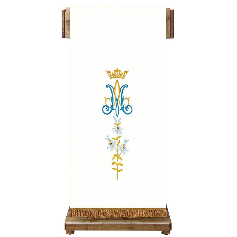 Fehér ambó terítő, Szűz Mária monogram hímzéssel, 55 cm x 160 cm