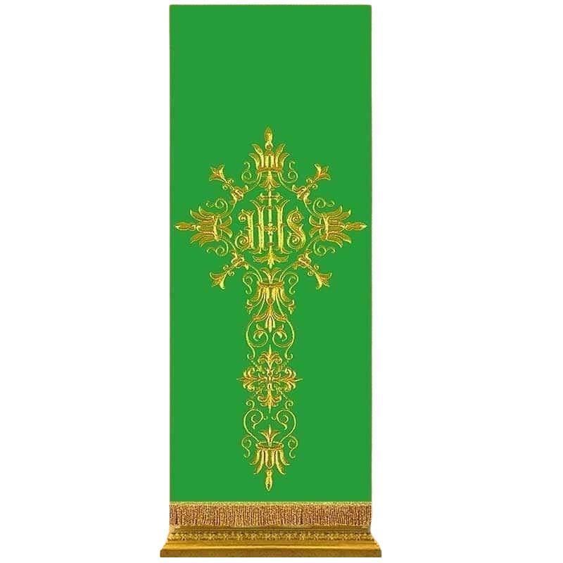 Zöld ambó terítő, IHS hímzéssel, 55 cm x 160 cm