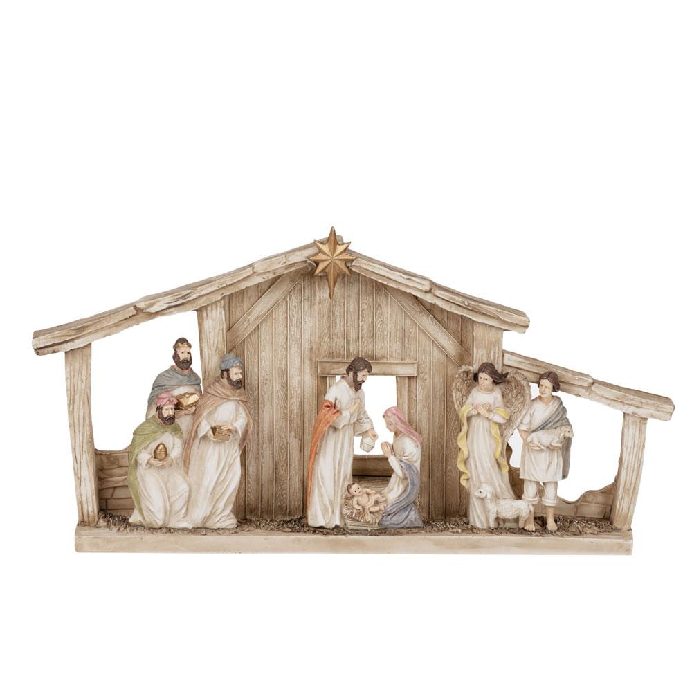 Betlehem, 9 alakos, 14,5 cm-es, házzal, világítással