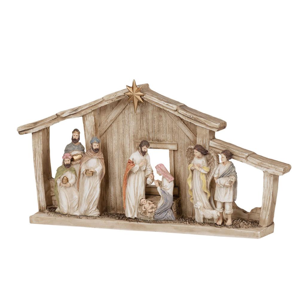 Betlehem, 9 alakos, 14,5 cm-es, házzal, világítással