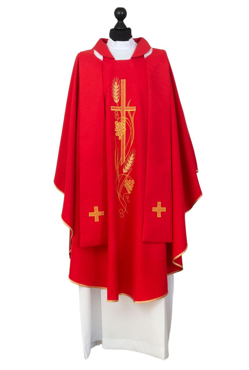 Miseruha (piros), hímzéssel, stólával