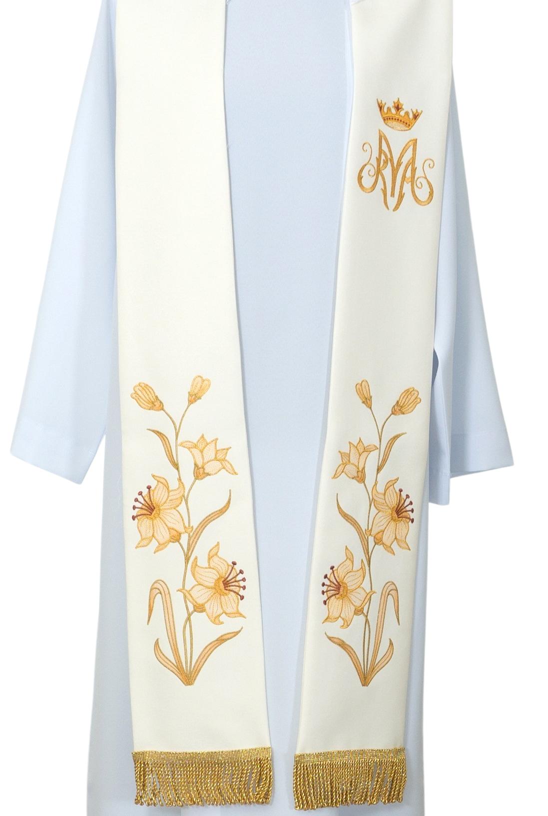 Stóla (fehér) Szűz Mária monogram hímzéssel, stólavédővel, rojttal