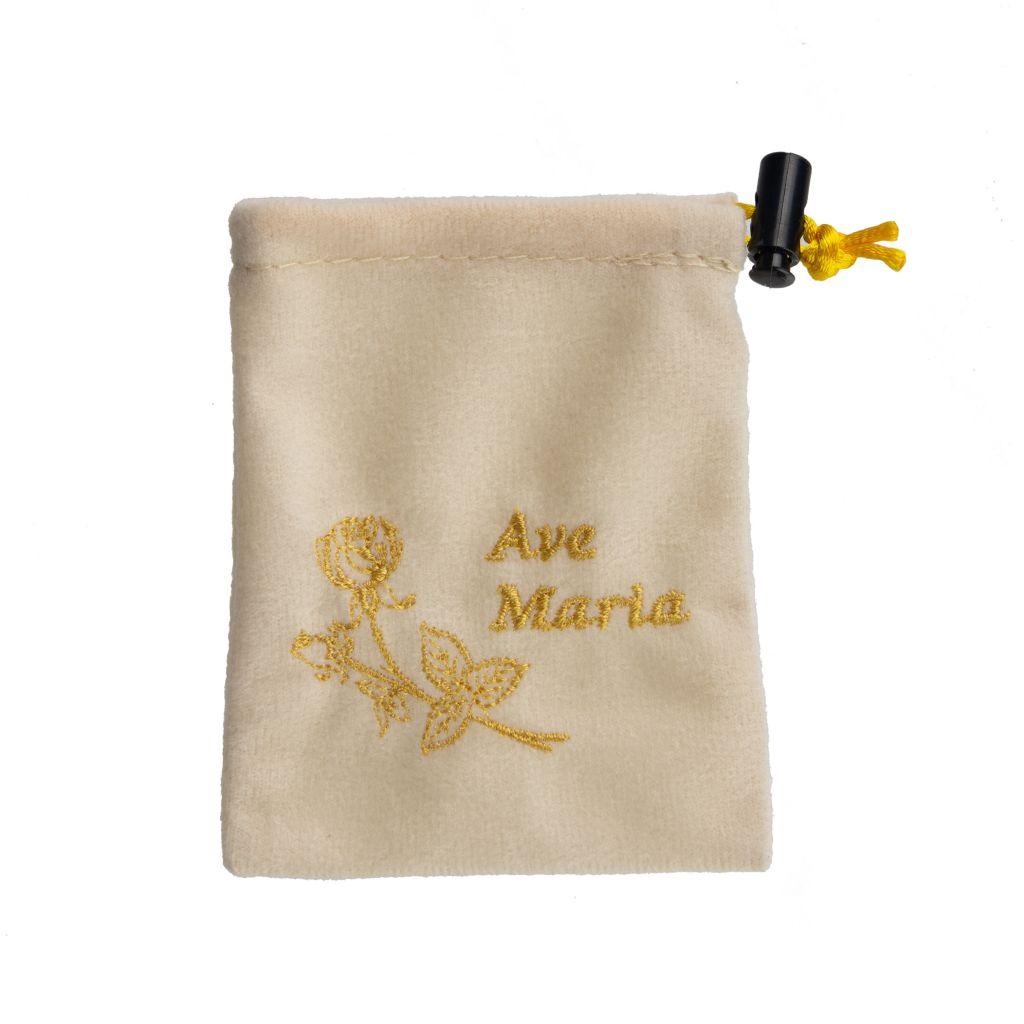 Szövet, ekrü rózsafüzértartó, Ave Maria hímzéssel