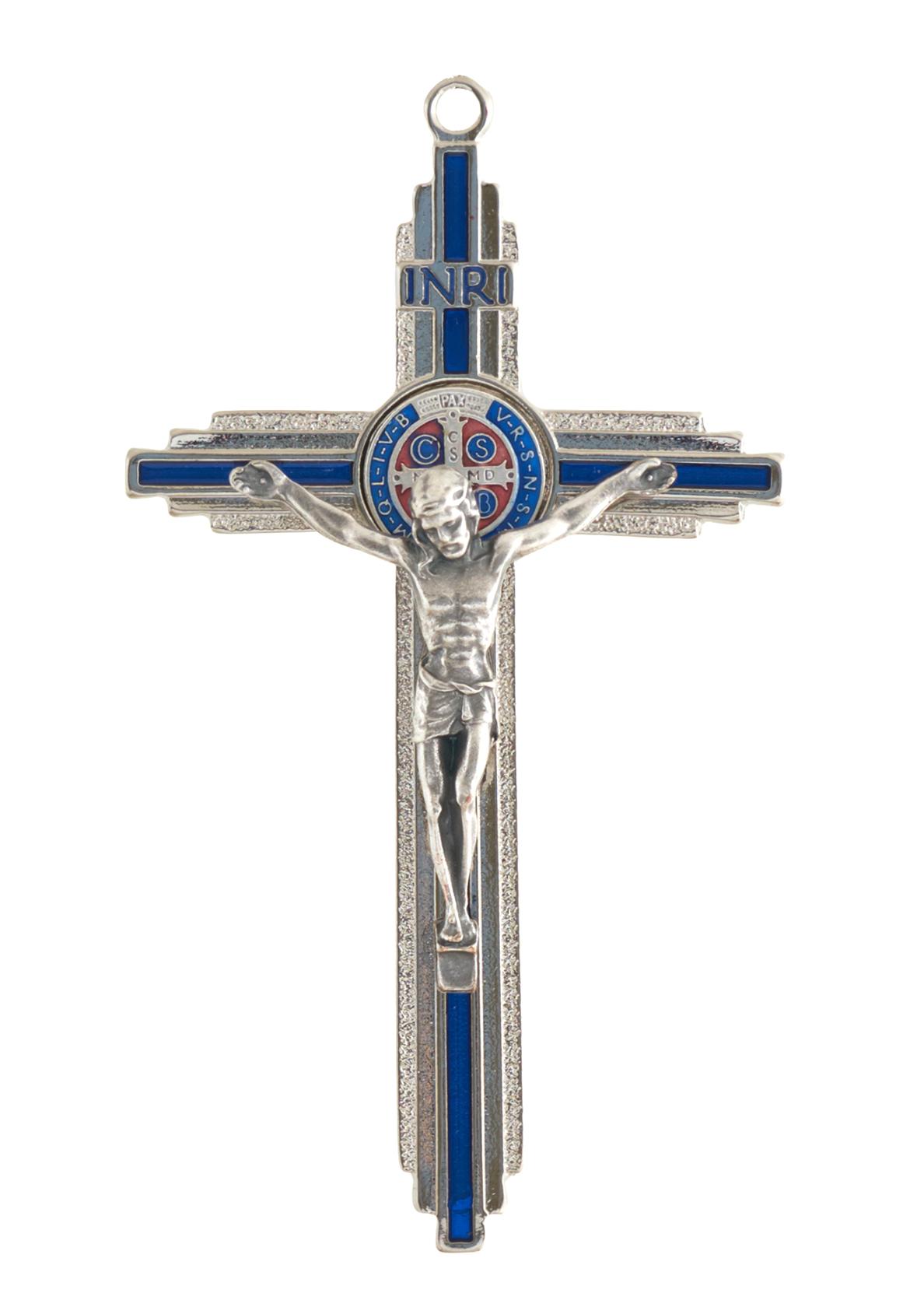Szent Benedek fém feszület, ezüst-kék színben, 12 cm-es