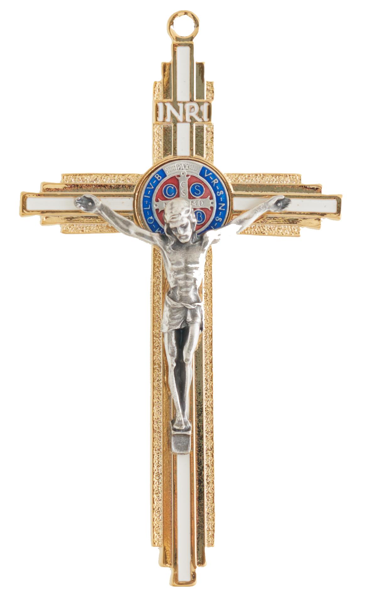 Szent Benedek fém feszület, arany-fehér színben, 12 cm-es