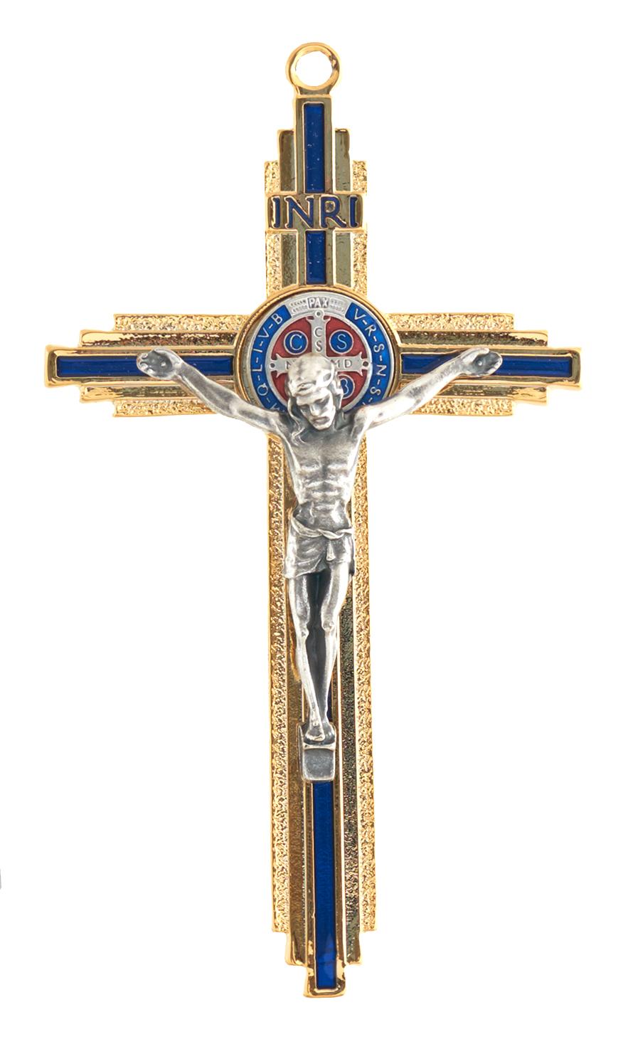Szent Benedek fém feszület, arany-kék színben, 12 cm-es