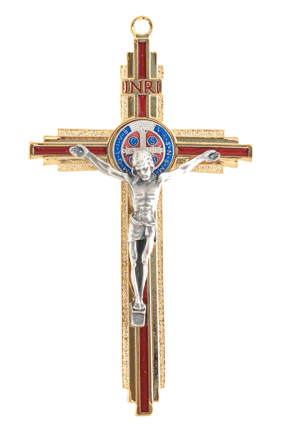 Szent Benedek fém feszület, arany-piros színben, 12 cm-es