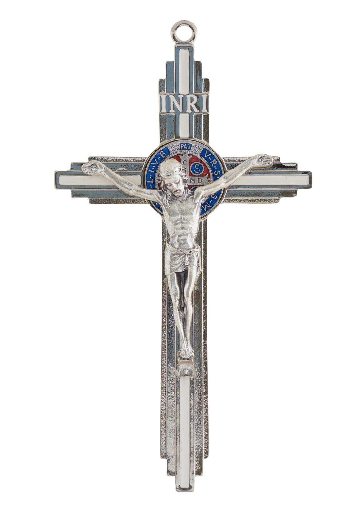 Szent Benedek fém feszület, ezüst-fehér színben, 19 cm-es