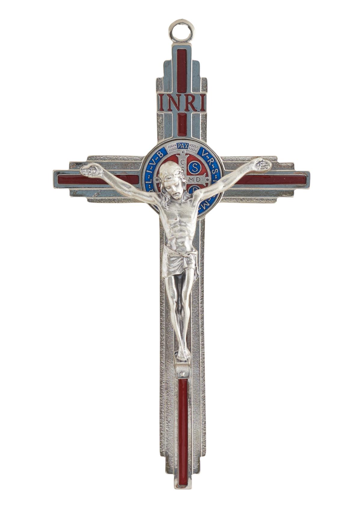 Szent Benedek fém feszület, ezüst-piros színben, 19 cm-es