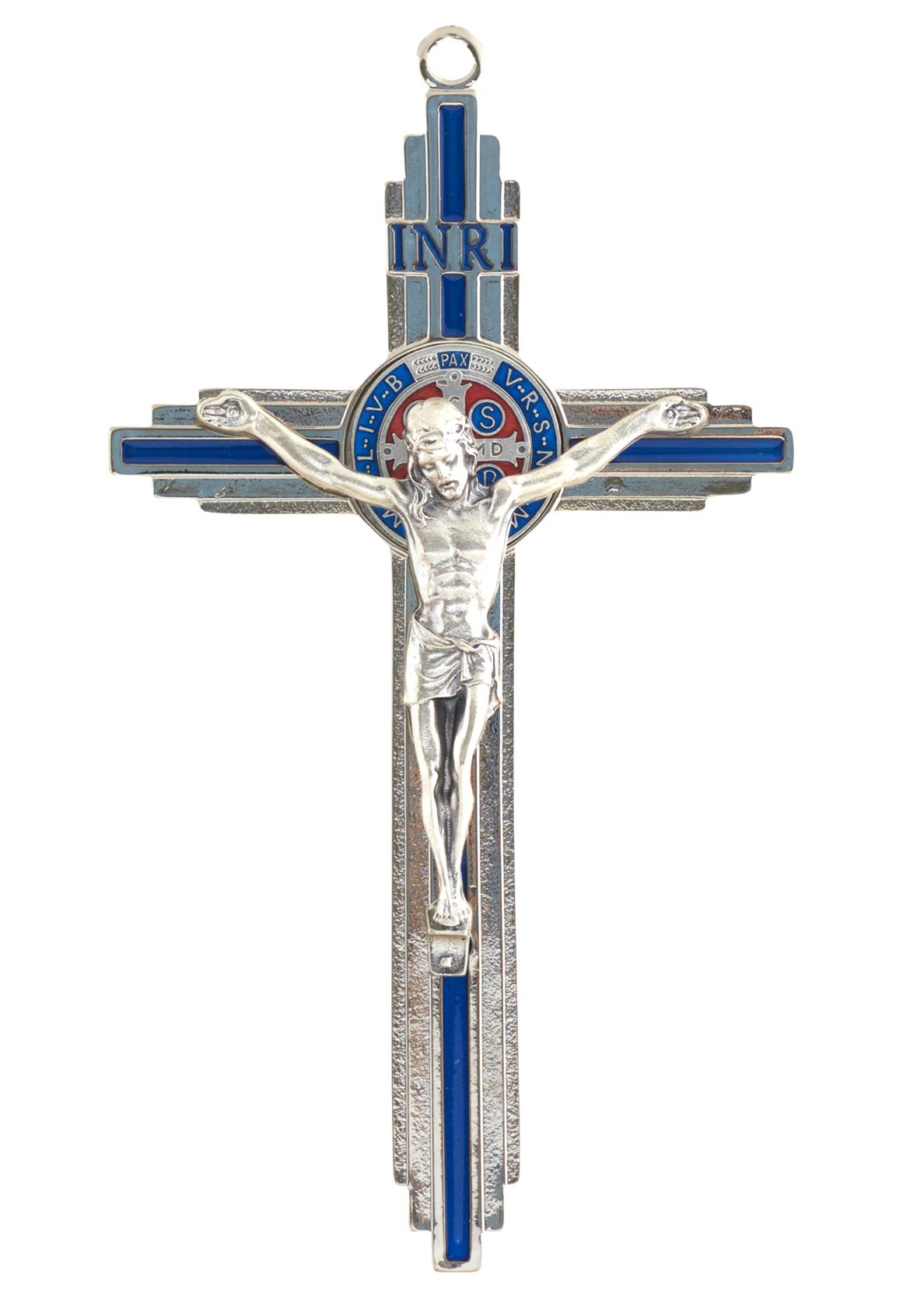 Szent Benedek fém feszület, ezüst-kék színben, 19 cm-es