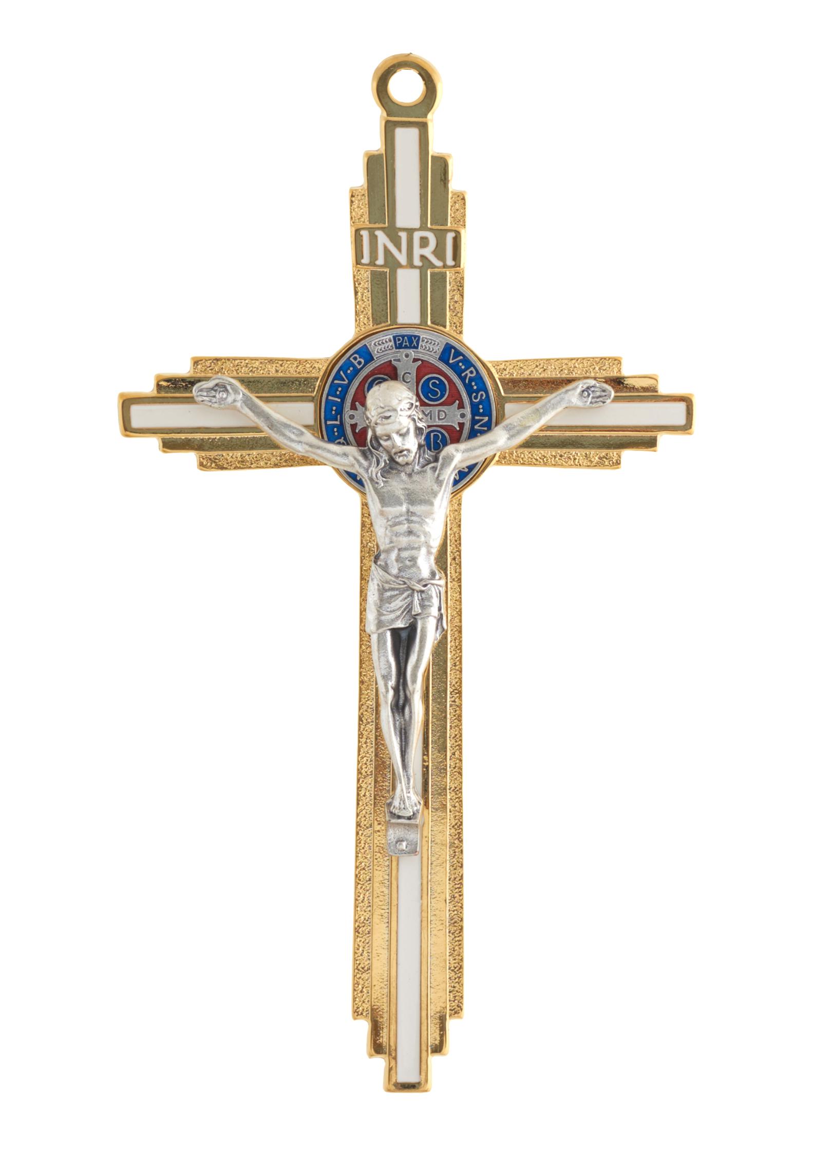 Szent Benedek fém feszület, arany-fehér színben, 19 cm-es