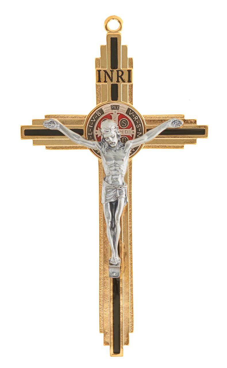 Szent Benedek fém feszület, arany-fekete színben, 19 cm-es