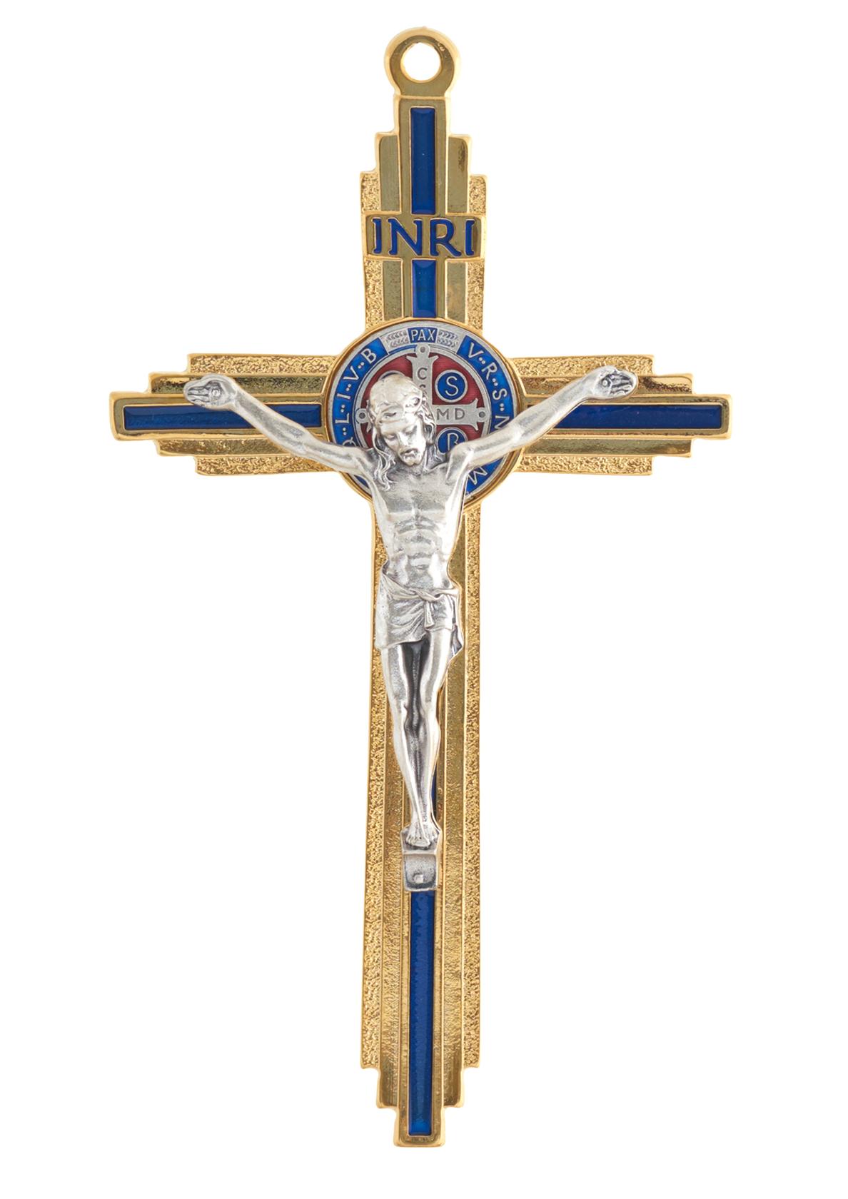 Szent Benedek fém feszület, arany-kék színben, 19 cm-es