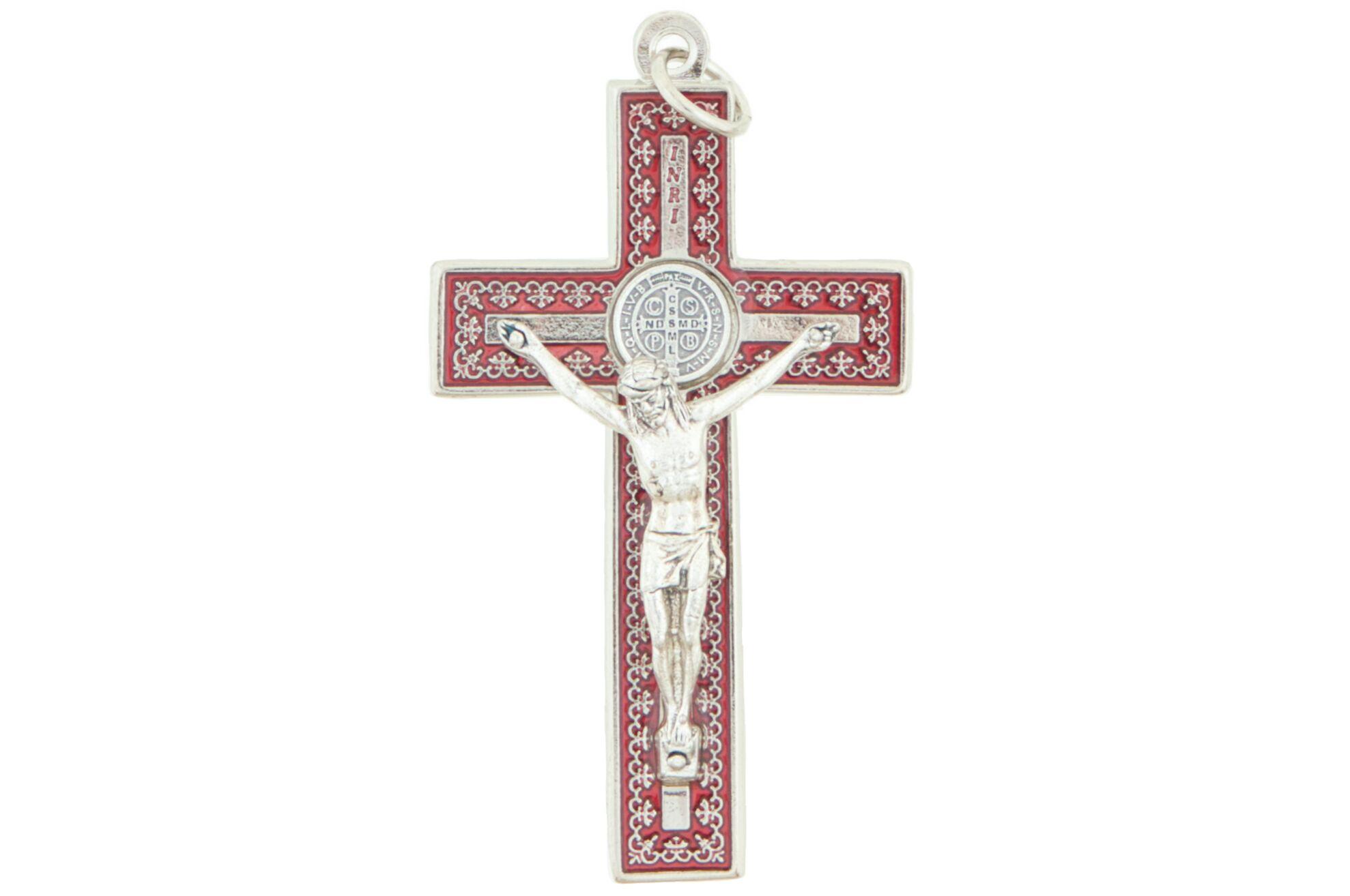 Akasztható Szent Benedek kereszt 8 cm-es, piros-ezüst