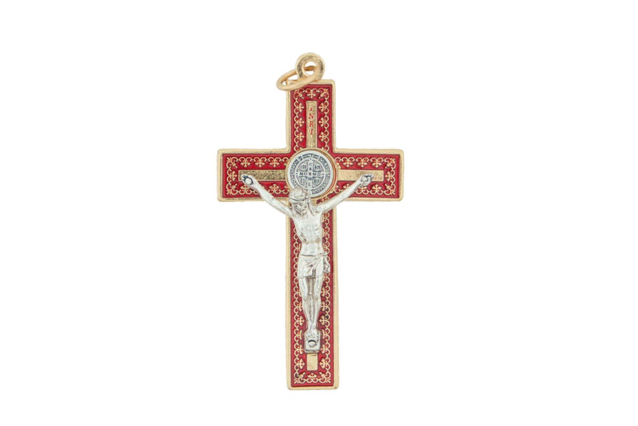 Akasztható Szent Benedek kereszt 8 cm-es, piros-arany