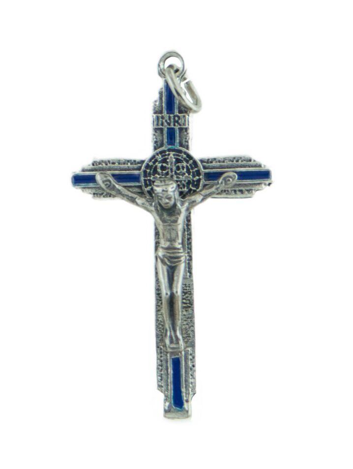 Szent Benedek fém feszület, ezüst-kék színben, 4 cm-es