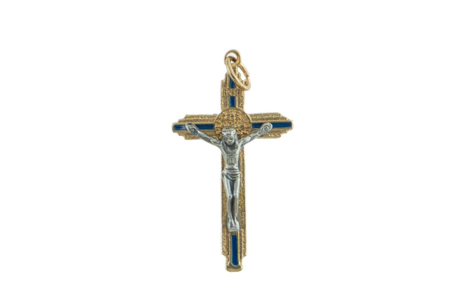 Szent Benedek fém feszület, arany-kék színben, 4 cm-es 
