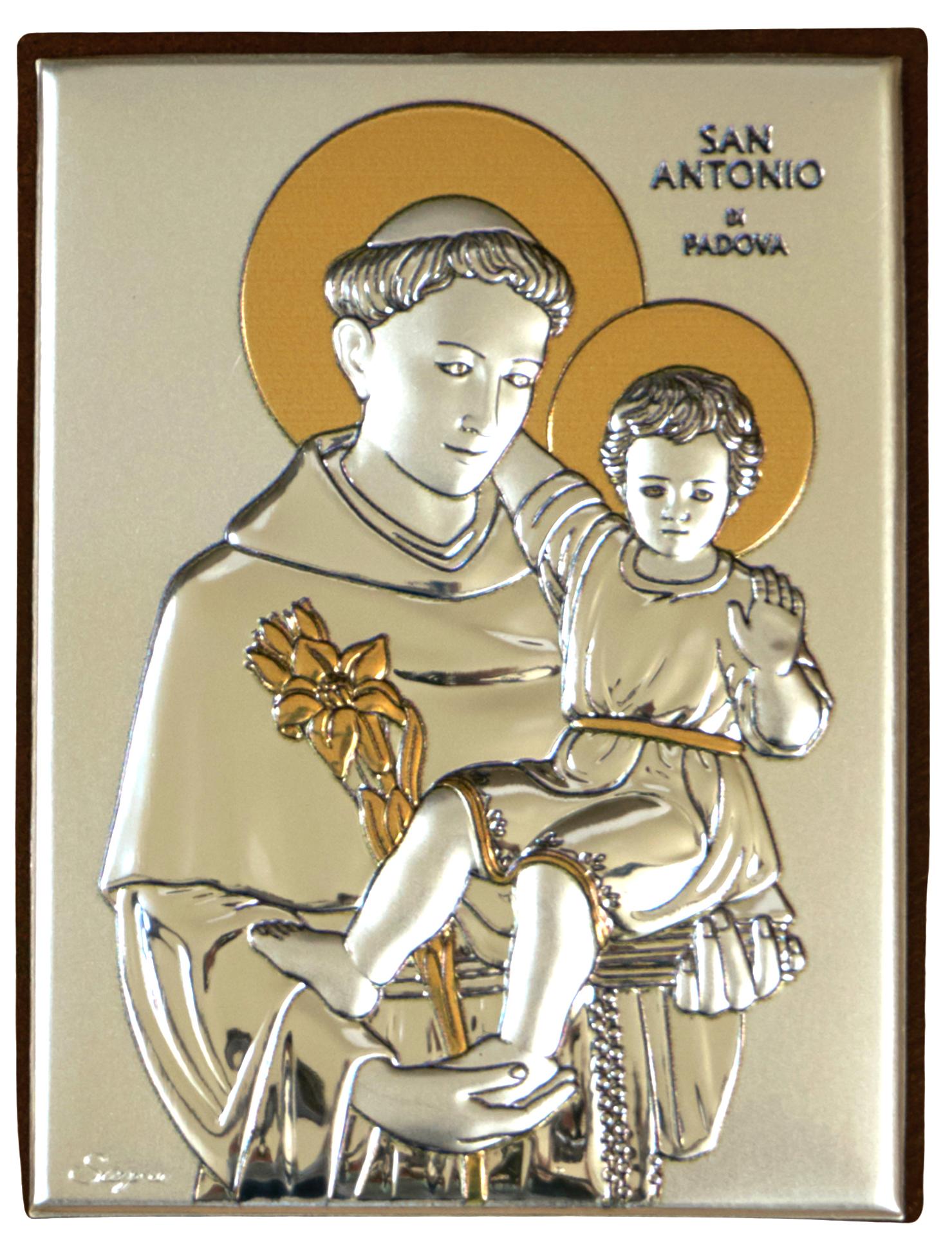 Ezüst bevonatos Szent Antal karján a kis Jézussal kép, 8 cm x 11 cm, aranyozott díszítéssel
