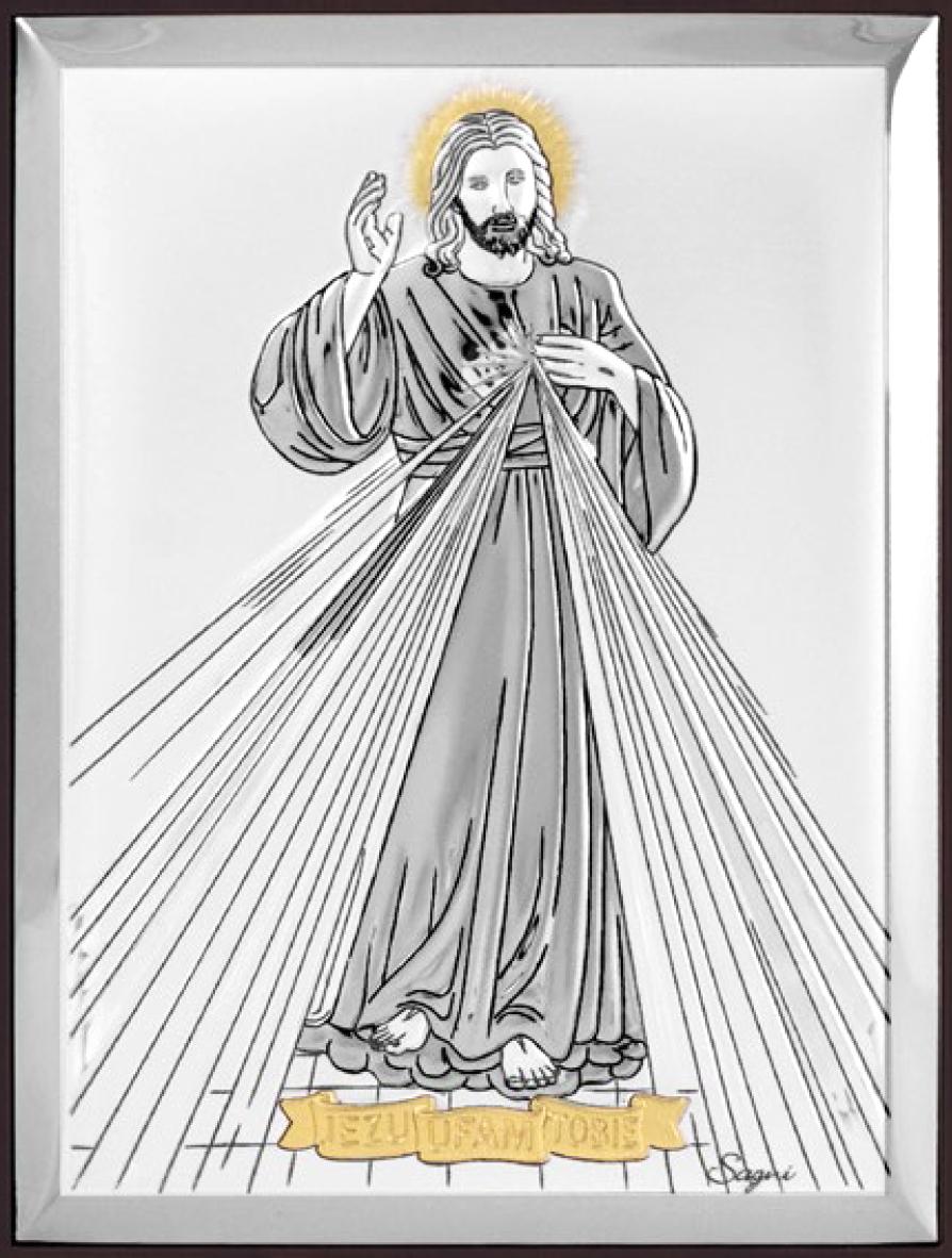 Ezüst bevonatos Irgalmas Jézus kép, 8 cm x 11 cm, aranyozott díszítéssel