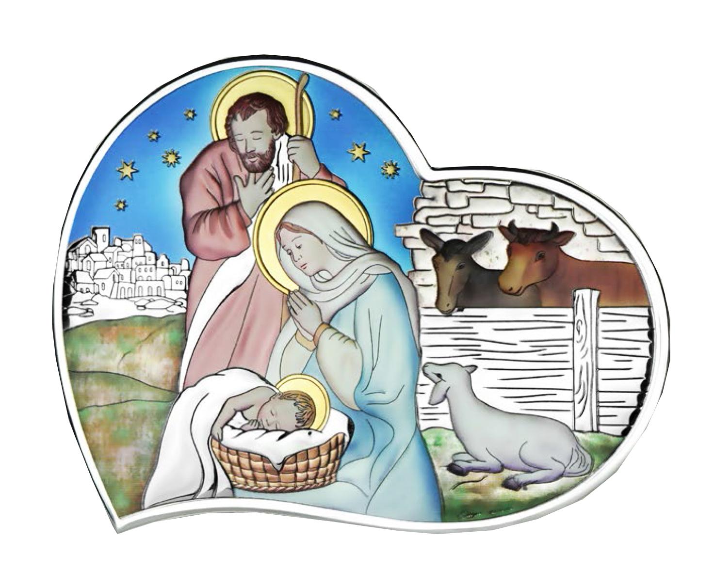 Ezüst bevonatos Betlehem szentkép, szív alakú, 13 cm x 15,5 cm (színes), szív alakú