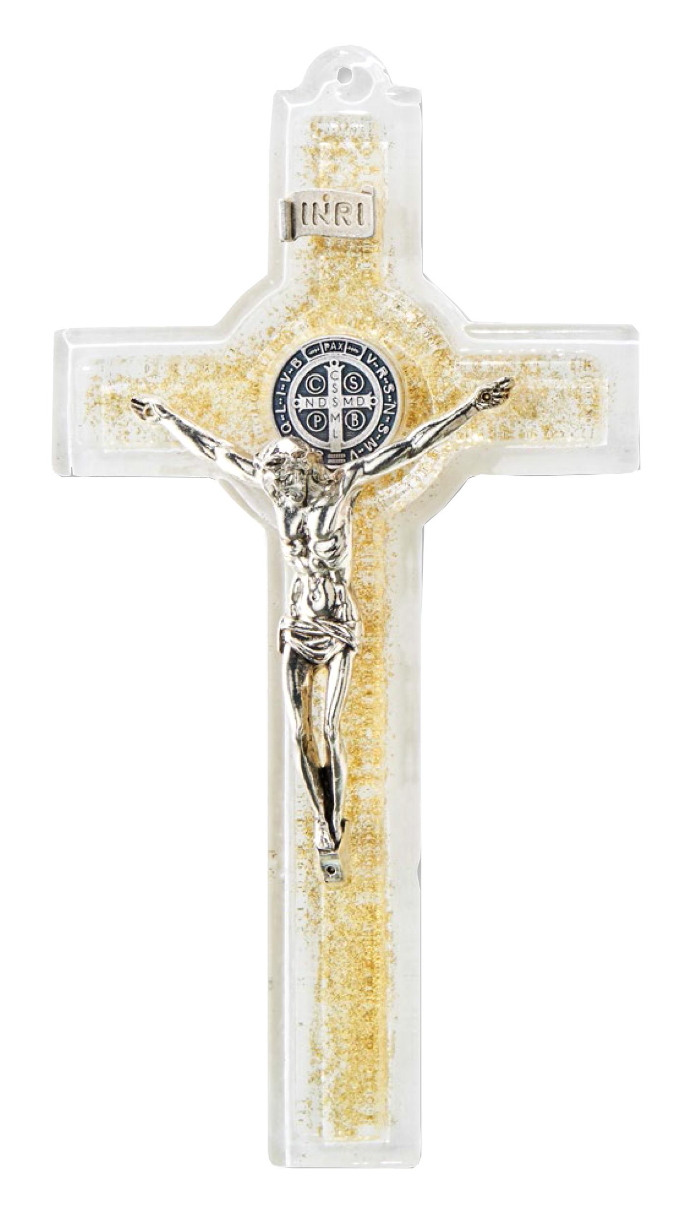 Muránói üveg feszület, Szent Benedek éremmel, fehér-aranyszínű, 16,5 cm