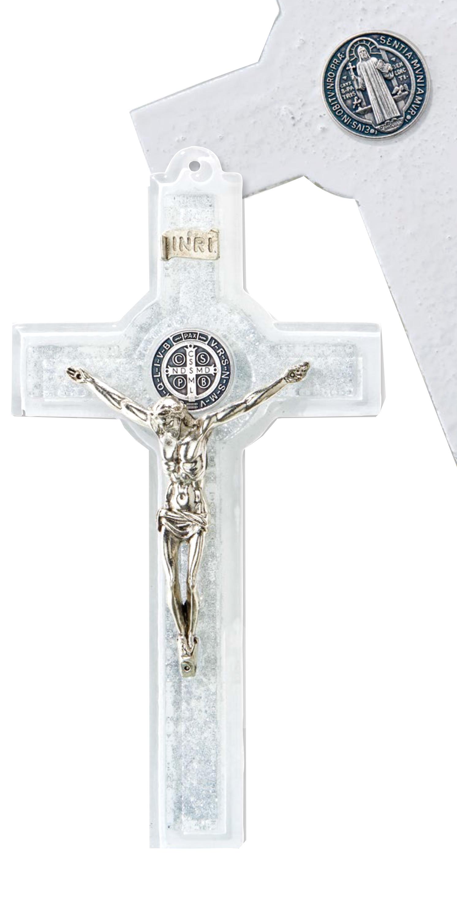 Muránói üveg feszület, Szent Benedek éremmel, fehér-ezüstszínű, 16,5 cm