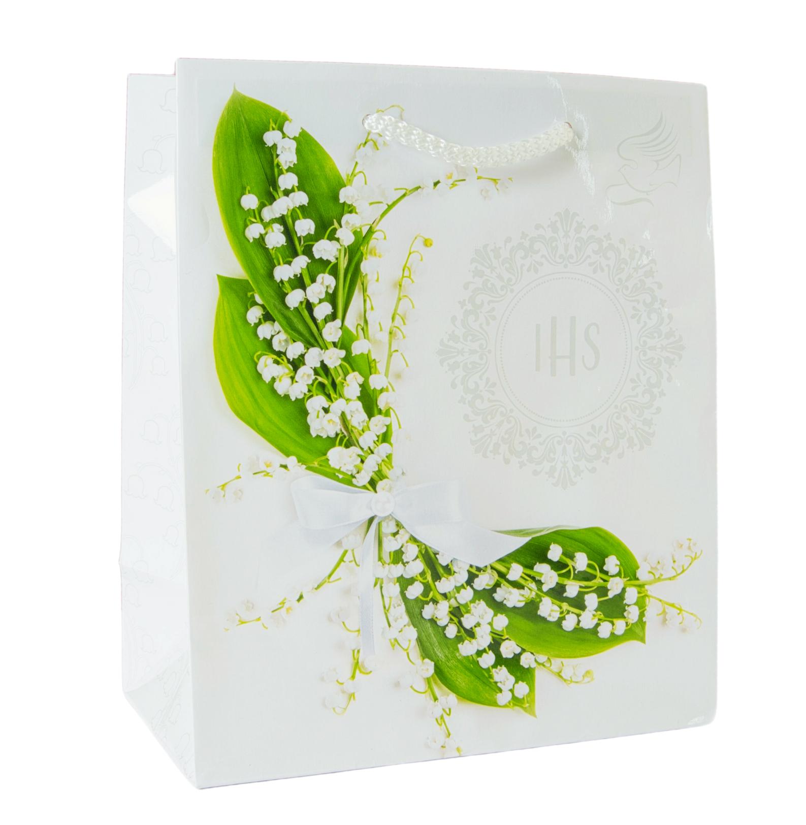 Ajándék táska gyöngyvirág, IHS és galamb díszítéssel, 19 cm x 23 cm x 10,5 cm
