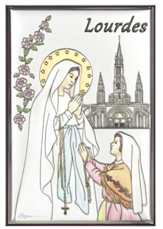 Ezüst bevonatos Lourdesi Szűz Mária kép, 6 cm x 9 cm