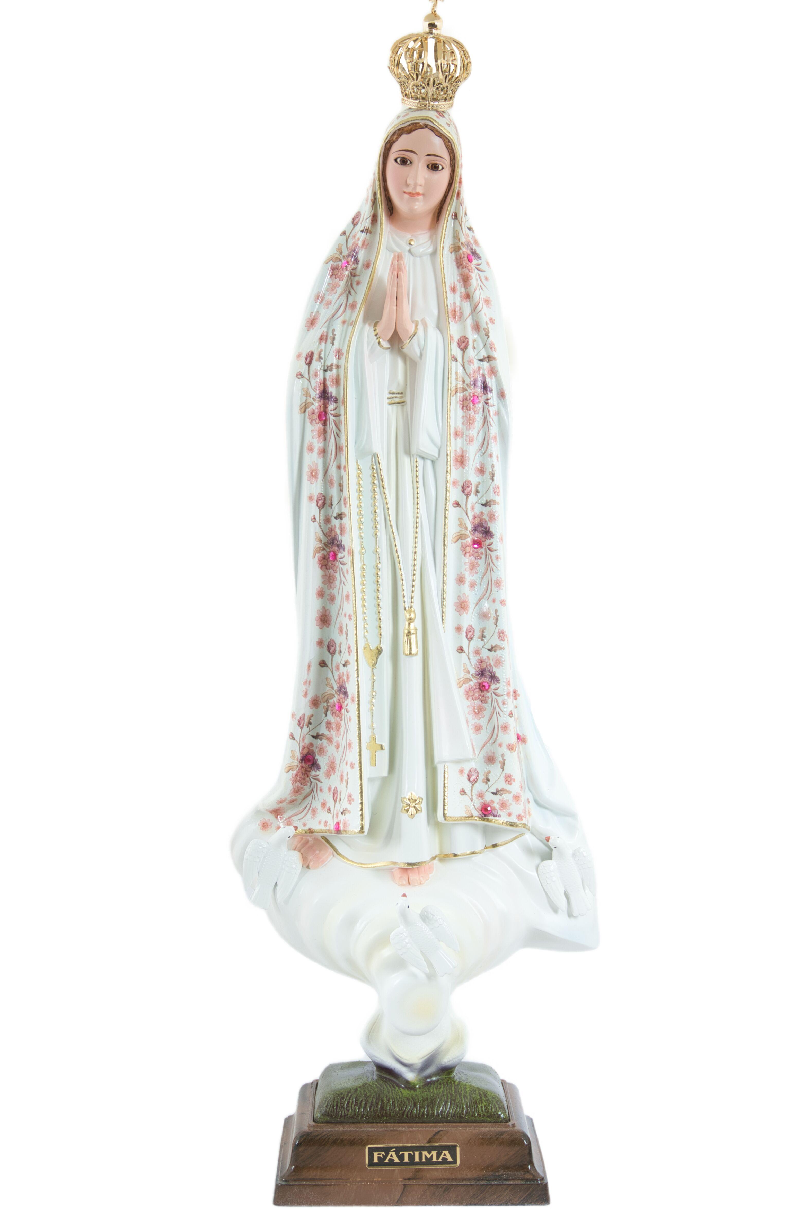 Fatimai Mária szobor rózsaszín virágmintás 44cm-es üvegszemű
