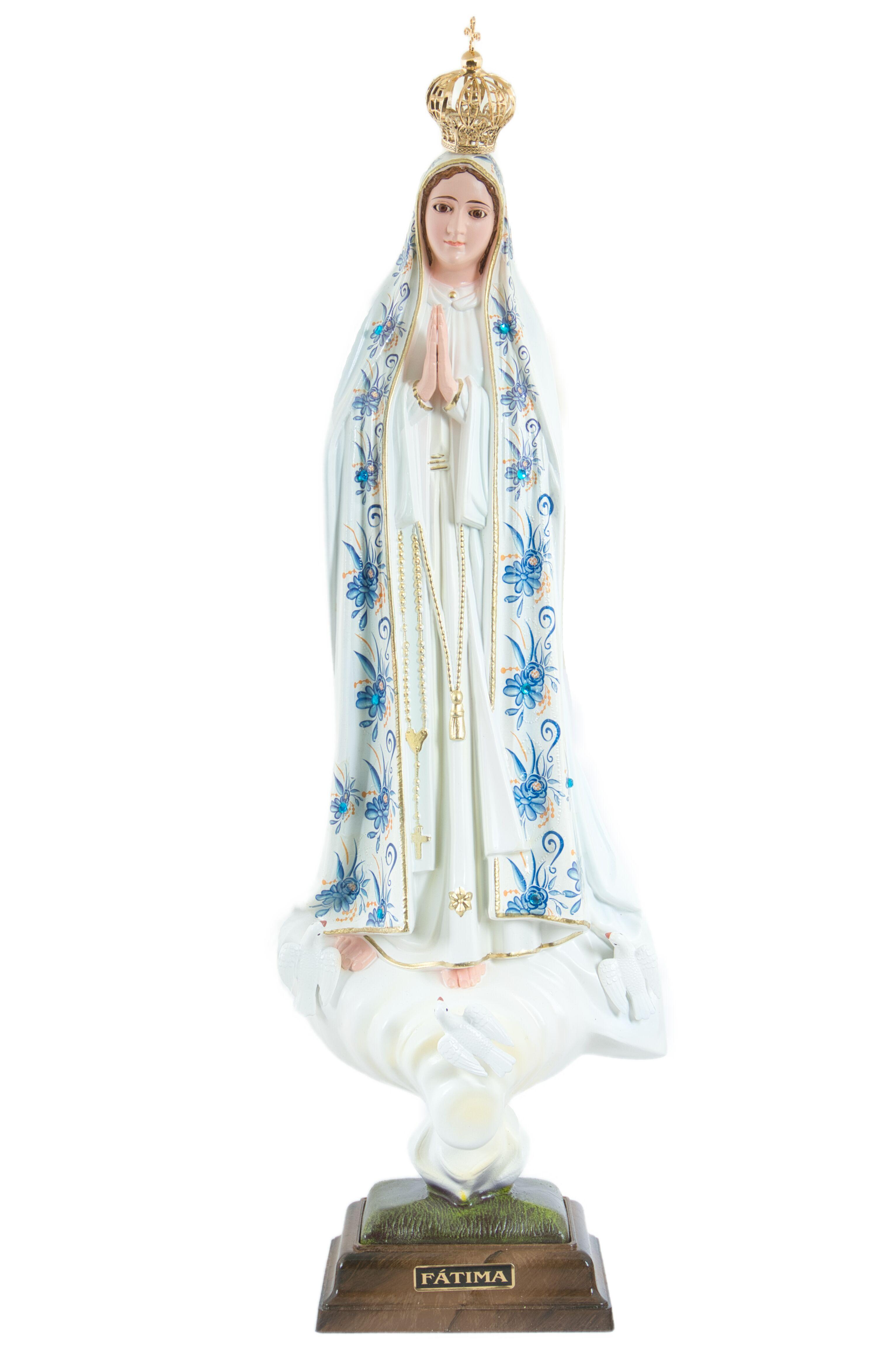 Fatimai Mária szobor kék virágmintás 44cm-es üvegszemű