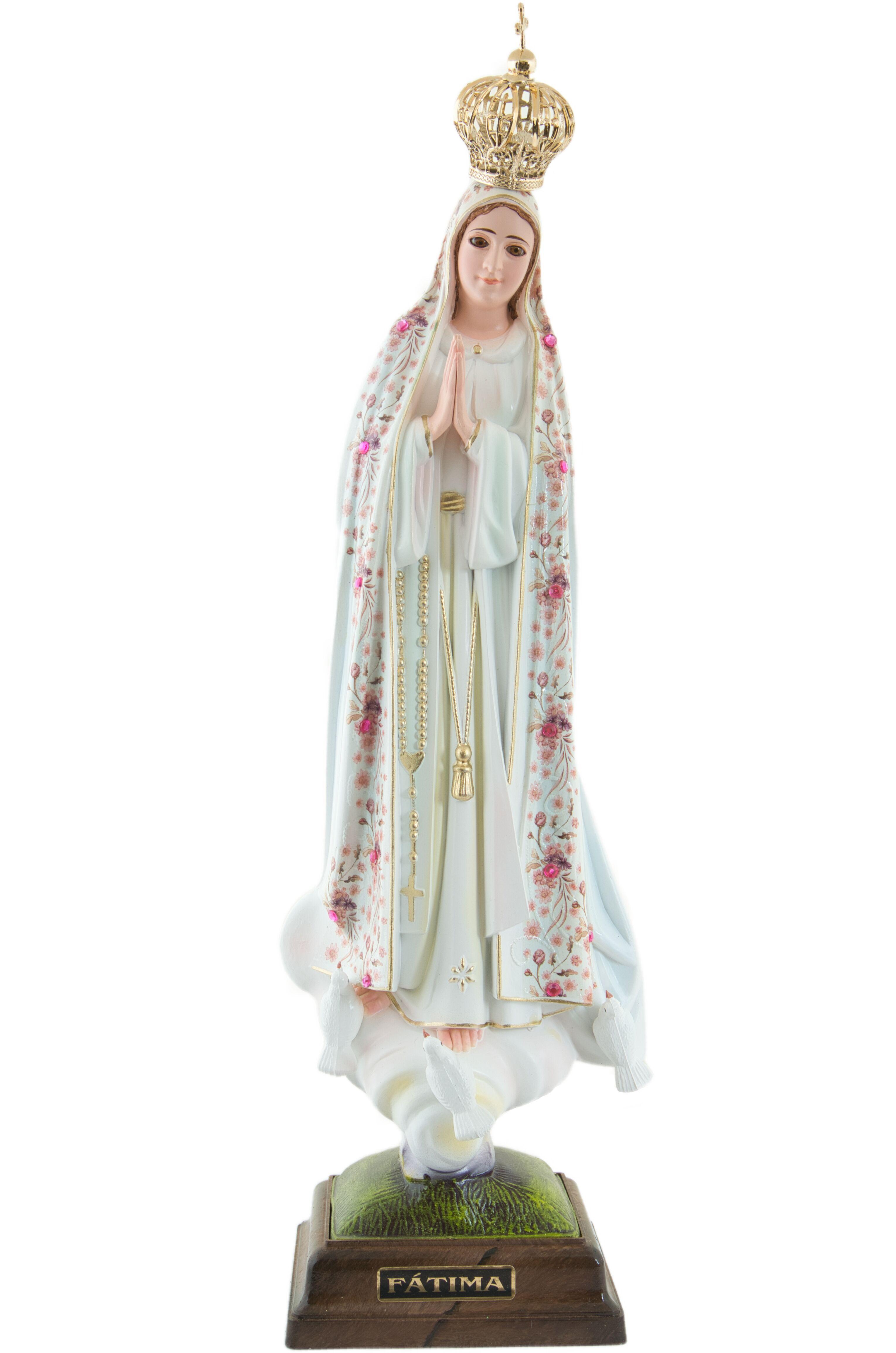 Fatimai Mária szobor rózsaszín virágmintás 35cm-es üvegszemű