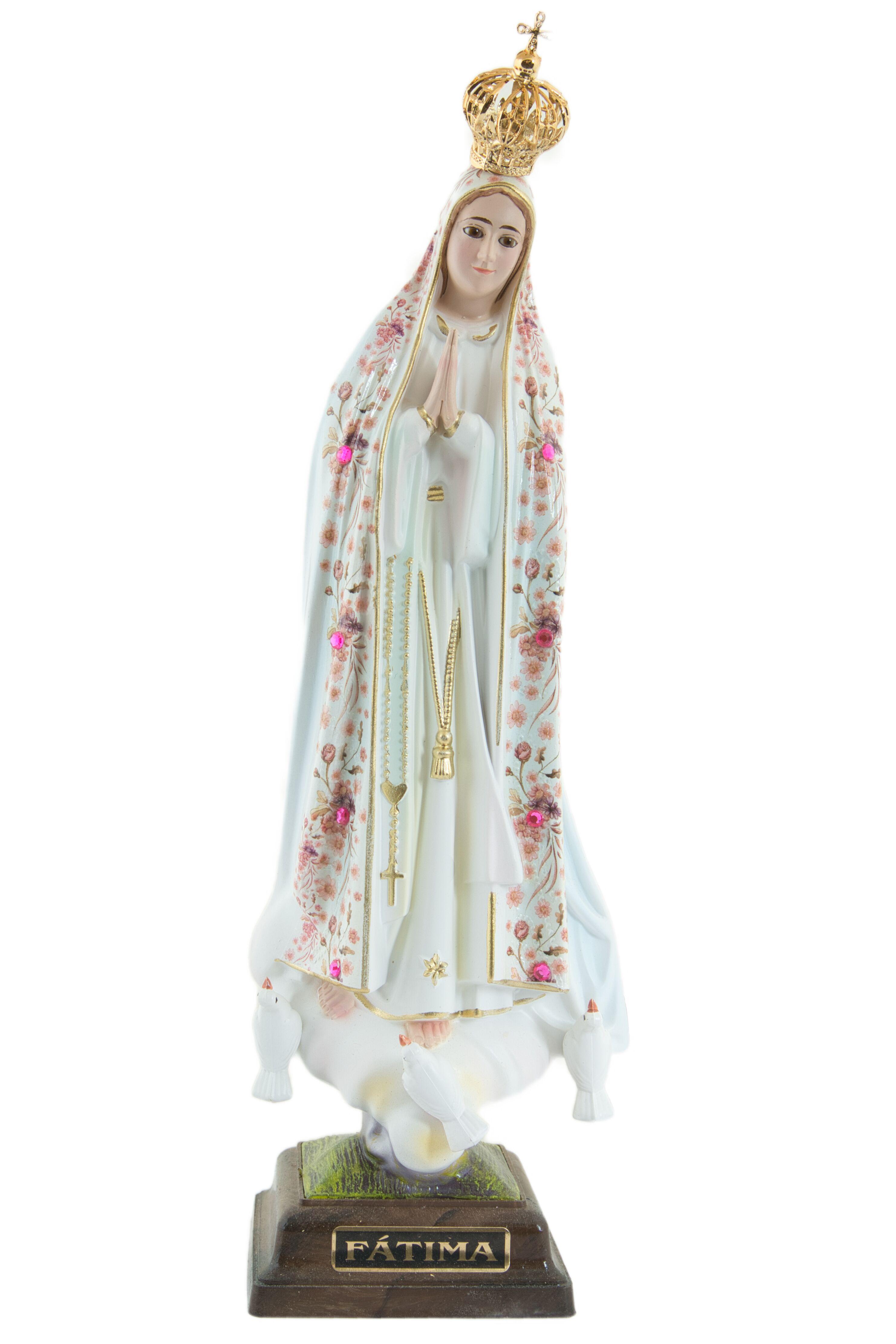 Fatimai Mária szobor rózsaszín virágmintás 27cm-es üvegszemű