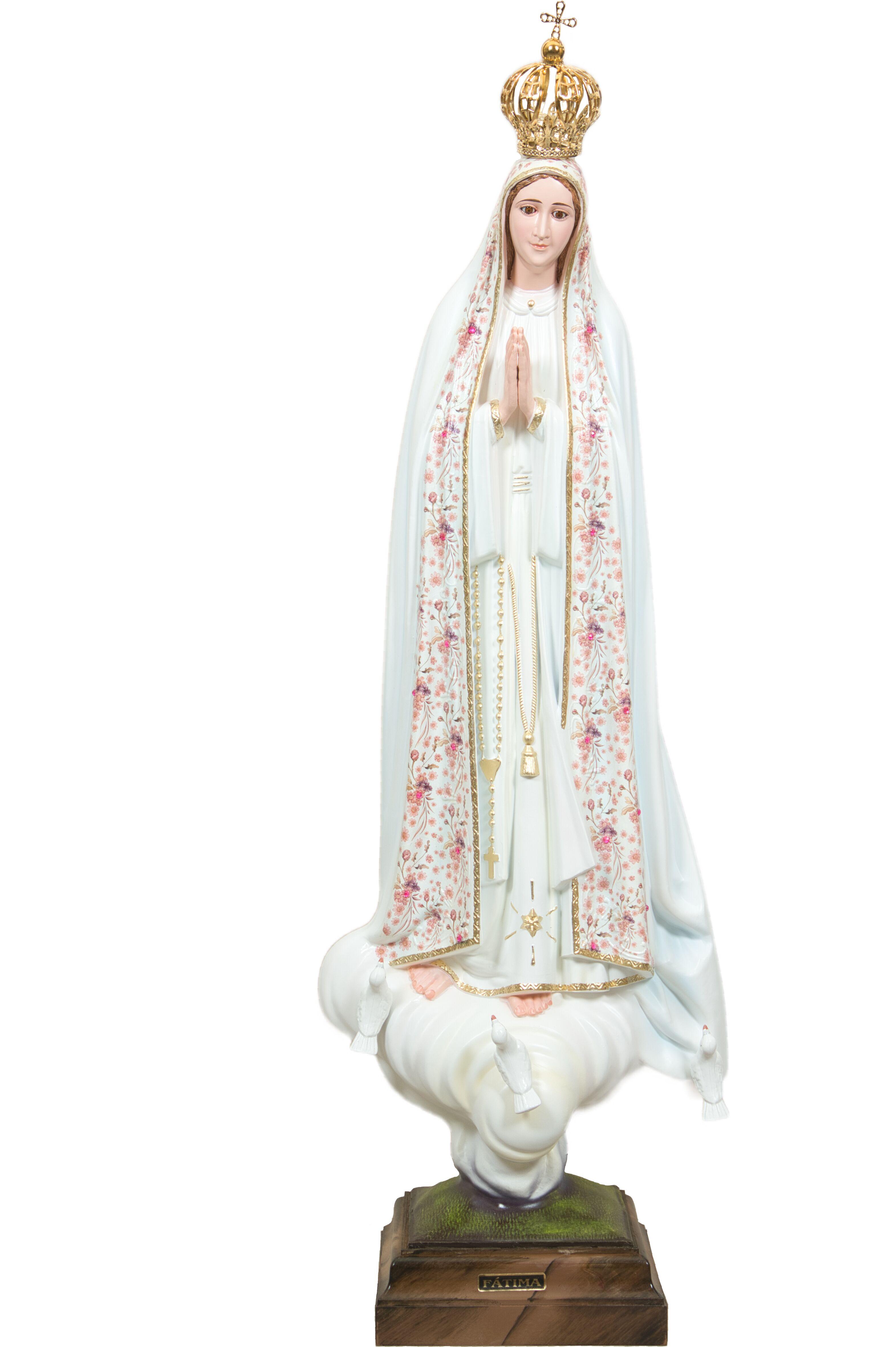 Fatimai Mária szobor rózsaszín virágmintás 70cm-es üvegszemű