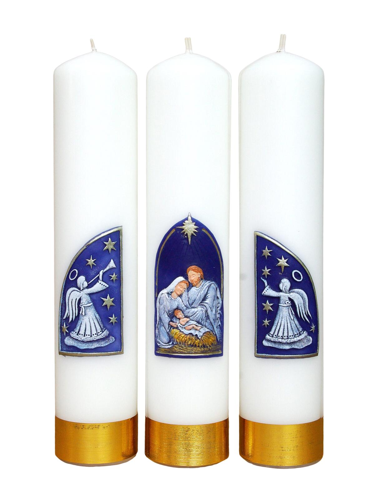 Fehér karácsonyi gyertyaszett, 3D-s (viasz) díszítéssel, 3 x (6 cm x 30 cm)-es