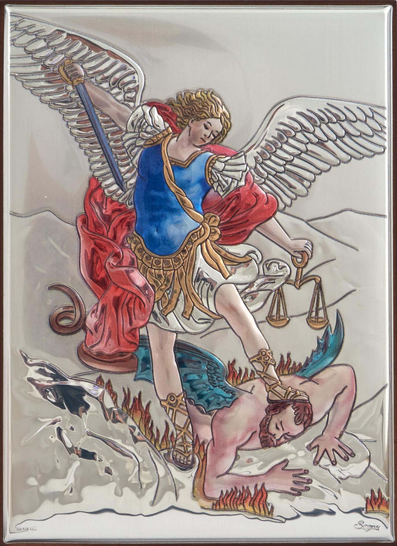 Ezüst bevonatos Szent Mihály kép színes, 13 cm x 18 cm