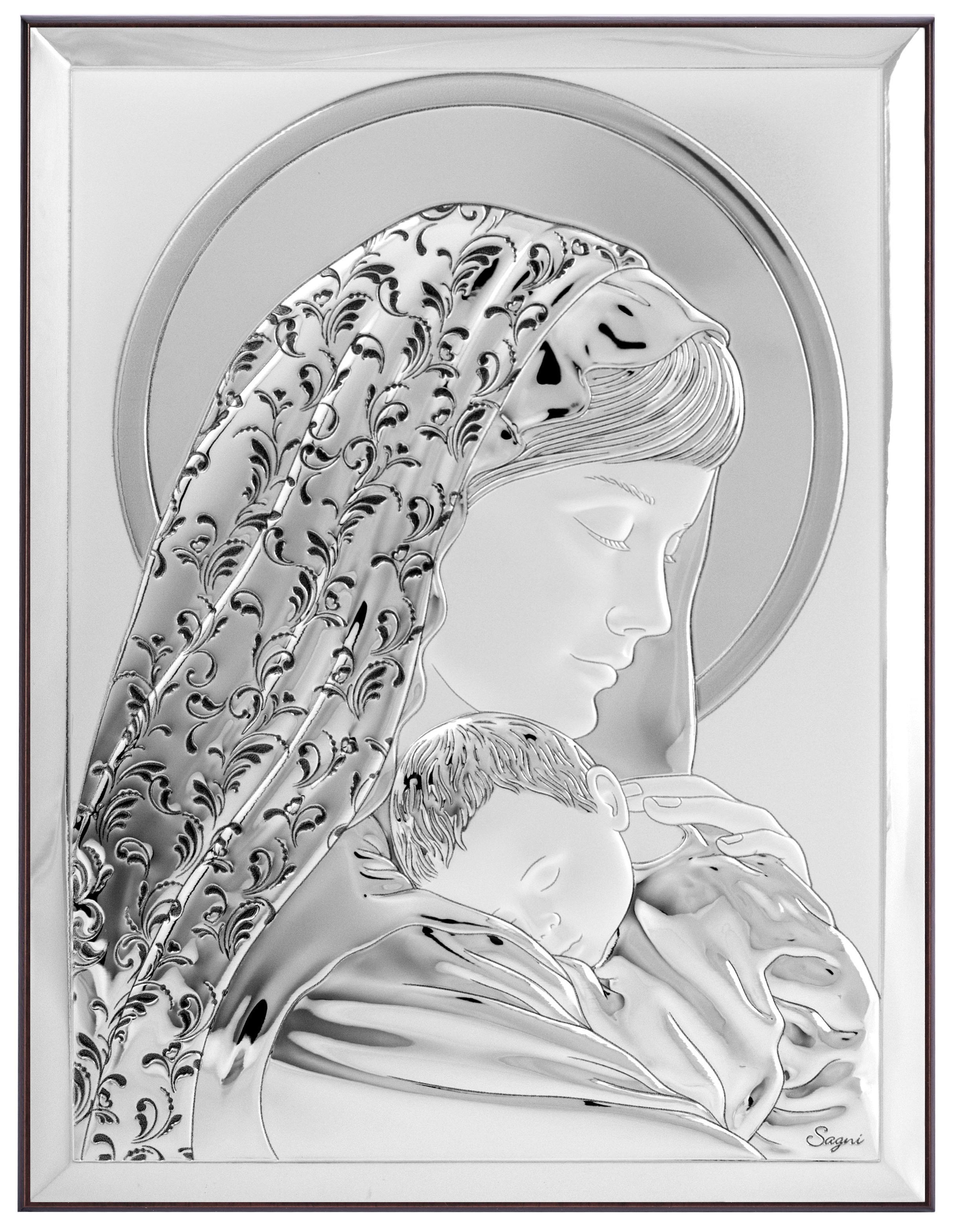 Ezüst bevonatos Szűz Mária a kis Jézussal kép, 8 cm x 11 cm