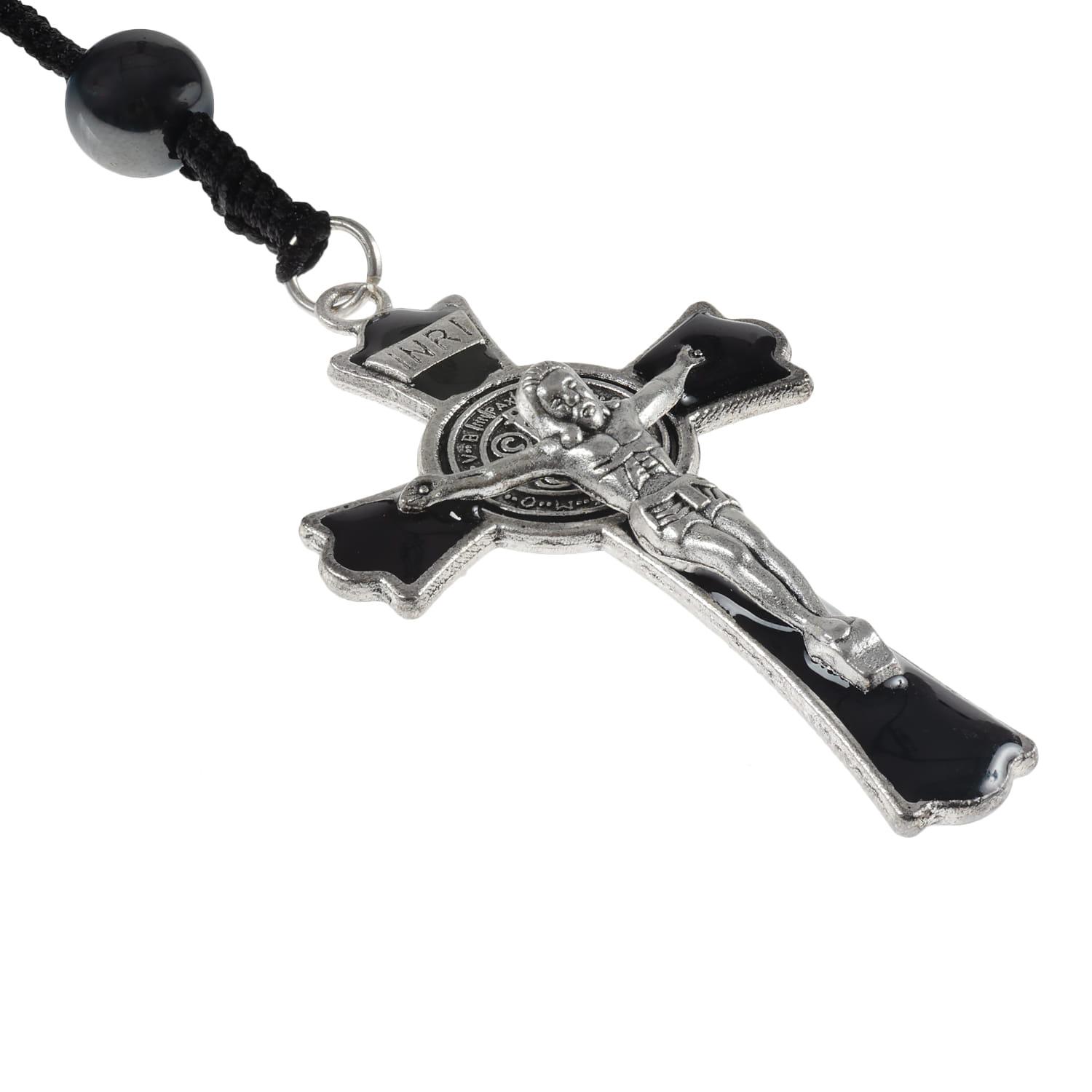 Hematit, zsinóros, 5-tizedes rózsafüzér Szent Benedek feszülettel