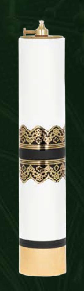 Olajgyertya, fehér, állítható kanócos, 31 cm magas, 63 mm széles, arany-fekete díszítéssel